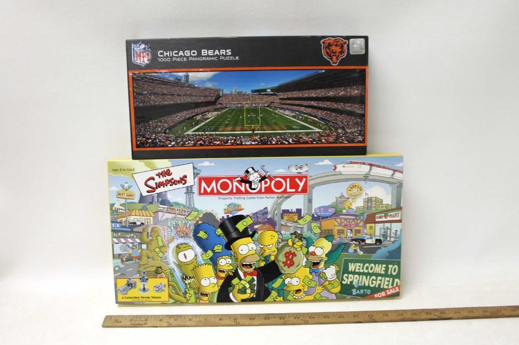 Chicago Bears Puzzle and Simpsons Monopoly: Chicago Bears 1000 Piece Panoramic Puzzle and Simpsons Monopoly Condition: appears to be new, but not checked for completeness and not sealed in plastic