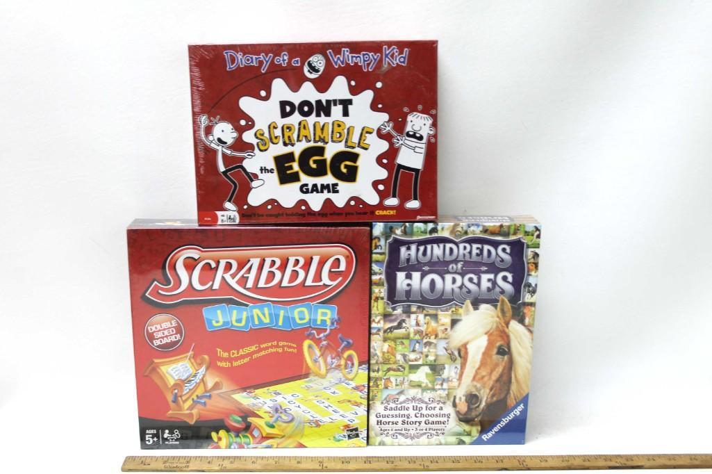 Lot of New Games incl Don't Scramble the Egg ,: Lot of 3 New Games incl Don't Scramble the Egg , Scrabble Junior , Hundreds of Horses . All new and sealed