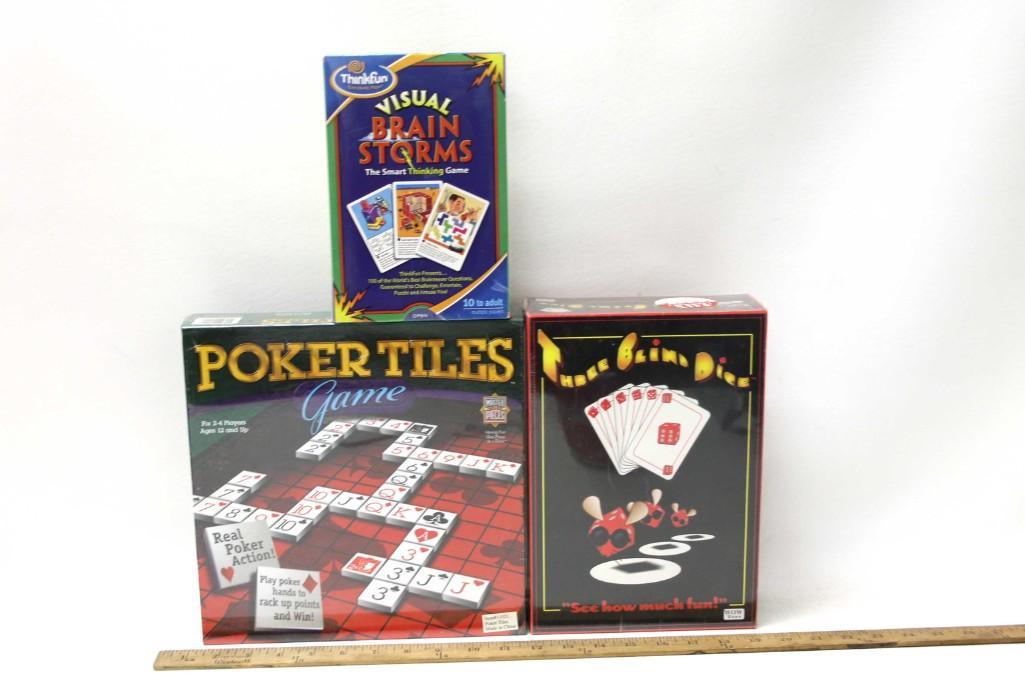 Lot of New Games incl Three Blind Dice , Poker Tiles ,: Lot of New Games incl Three Blind Dice , Poker Tiles , Visual Brain Storms . All are new and sealed