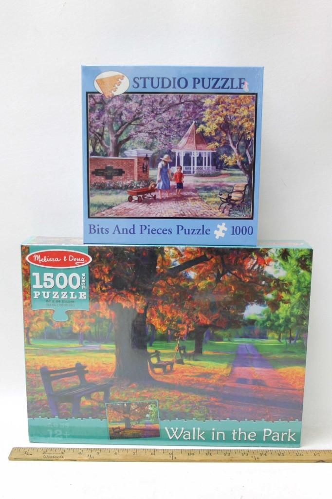 2 New Jigsaw Puzzles incl Melissa and Doug and Bits and: 2 New Jigsaw Puzzles incl Melissa and Doug Walk in the Park 1500 Piece Puzzle and Bits and Pieces Studio Puzzle 1000 Piece Puzzle Both are new and sealed