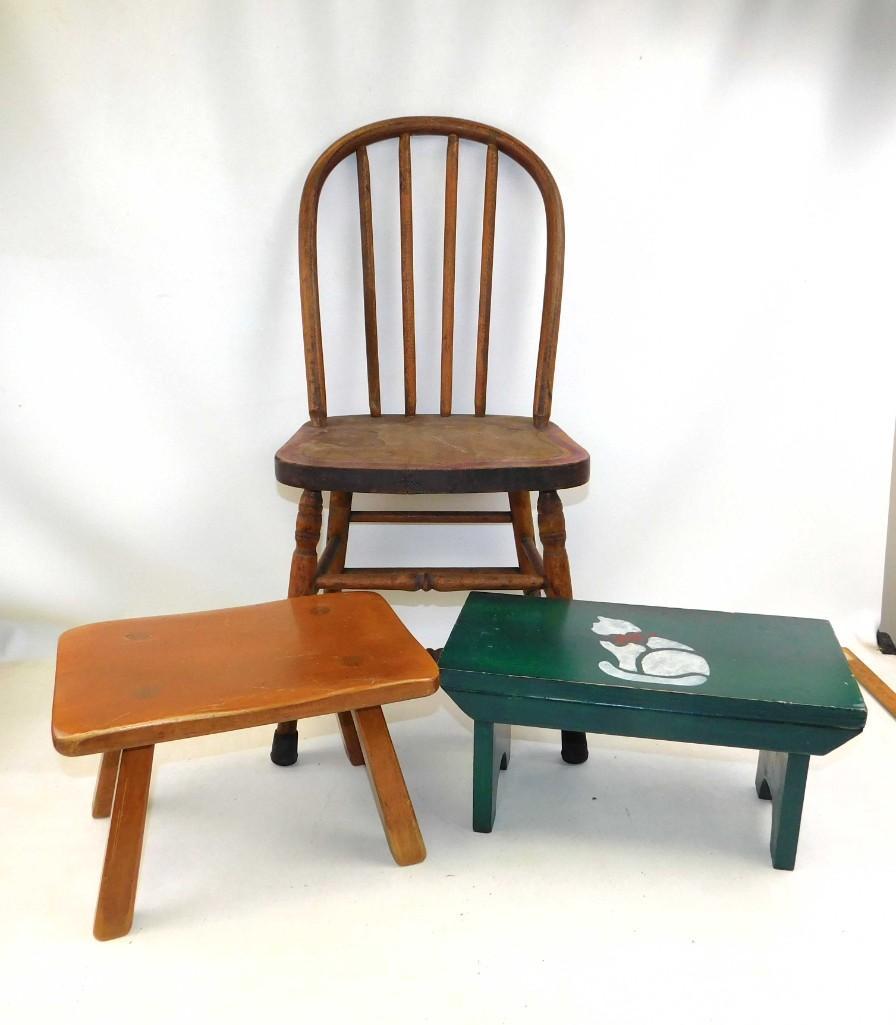 Vintage Wood Milking Stool , Small Green Footstool ,: Vintage Wood Milking Stool , Small Green Footstool , and a Vintage Children's Chair