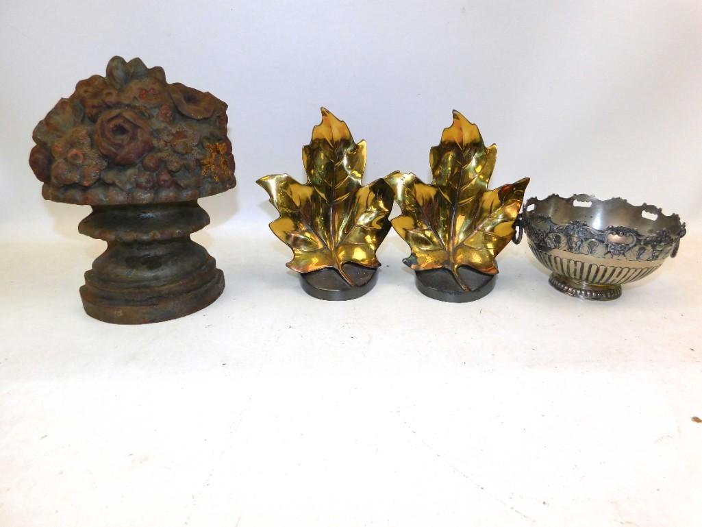 Cast Iron Bouquet Doorstop , Maple Leaf Bookends , and: Cast Iron Bouquet Doorstop , Maple Leaf Bookends , and a Decorative Metal Bowl