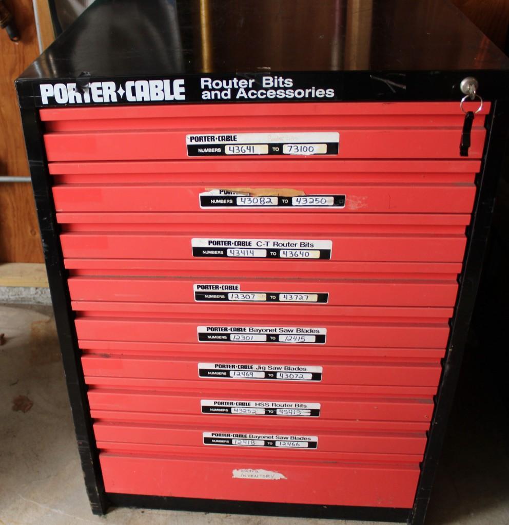 Porter Cable Tools Cabinet with almost 1100 new items: Porter Cable Tools loaded cabinet with close to 1100 Brand New items. Pieces include router bits, saw blades, arbors, bushings, Laminate Slitter, etc. Router bits include carbide and steel bits with 1