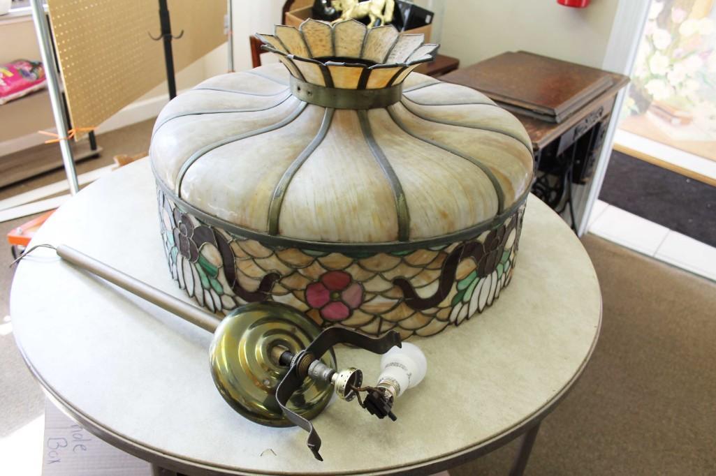 Stained Glass Hanging Light Fixture: Stained Glass Hanging Light Fixture . Approximately 24" in diameter Condition: One of the larger stained glass panels is cracked/broken. Please see all of the pictures