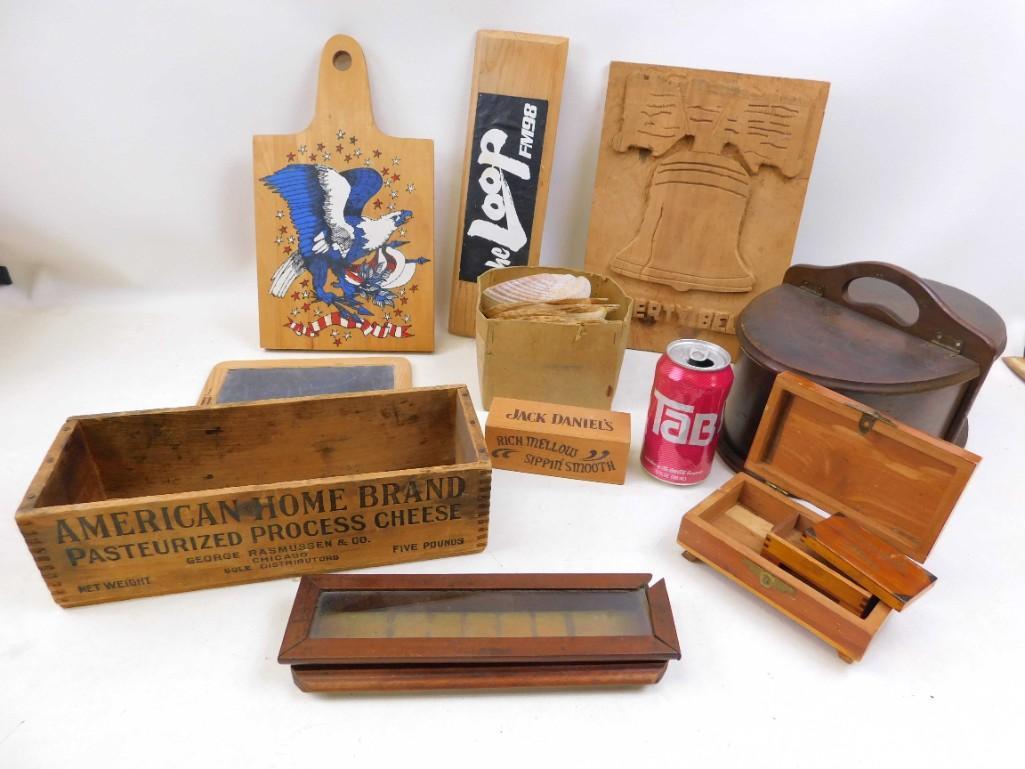 Lot of Wood Items and Shells incl Cheese Box , Liberty: Lot of Wood Items and Shells incl Cheese Box , Liberty Bell Stamp , Small Jewelry Boxes , Sewing Box , Cutting Board , etc