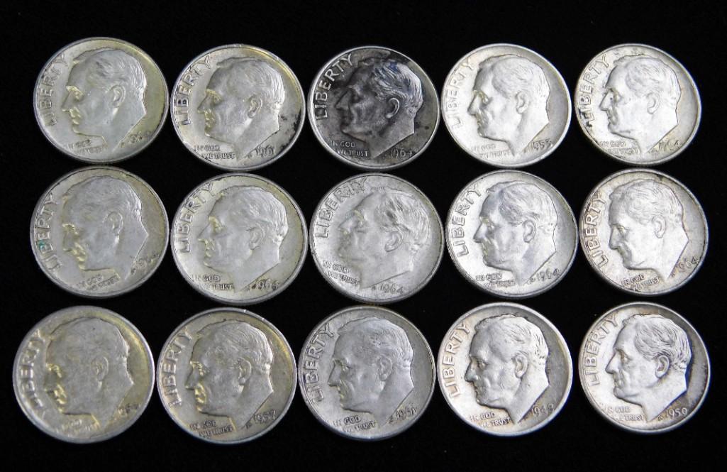 15 Roosevelt Dimes 90% Silver: 15 Roosevelt Dimes 90% Silver . All 1964 or earlier