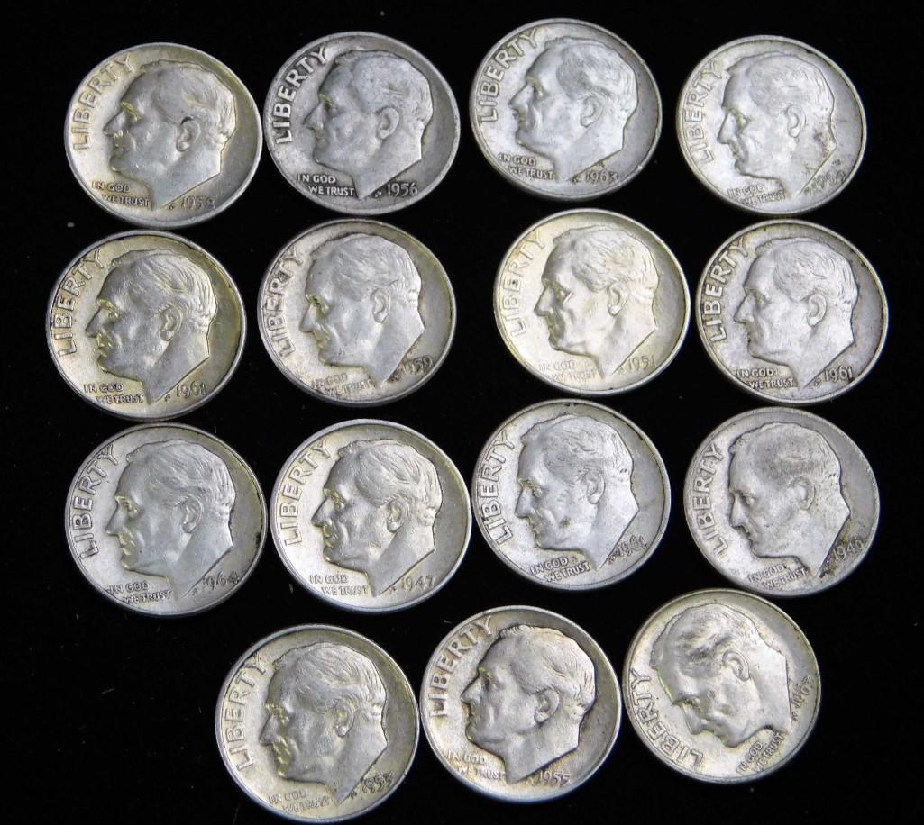 Lot of 15 Roosevelt Dimes 90% Silver 1964 or Before: Lot of 15 Roosevelt Dimes 90% Silver 1964 or Before