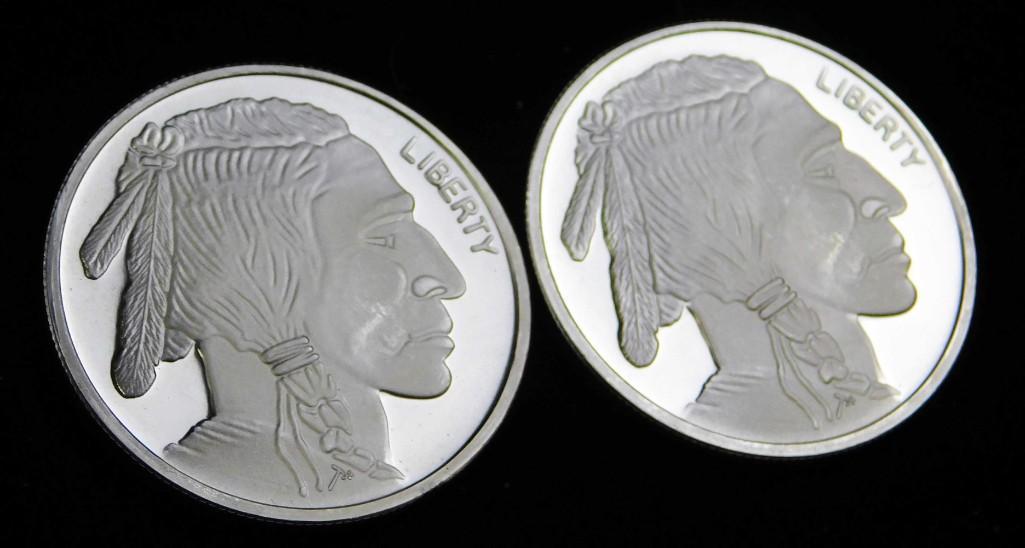 2 BU Indian Head Buffalo Silver Rounds: 2 Brilliant Uncirculated Indian Head Buffalo Silver Rounds . Each is 1 ounce of fine silver for a total of 2 ounces of .999 fine silver