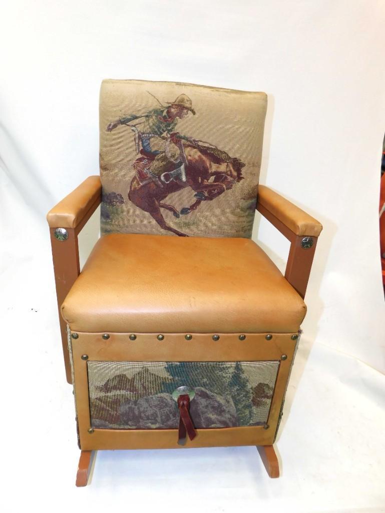 Child Size Rocking Chair with Cowboy Tapestry Back and: Child Size Rocking Chair with Western Cowboy Tapestry Back and Storage Drawer
