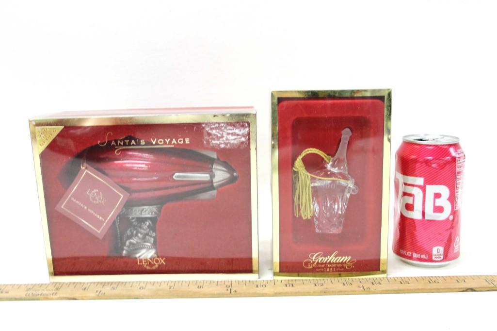 Lenox Santa's Voyage and Gorham Miniature Champagne: Lot of 2 Christmas Ornaments including Lenox Santa's Voyage and Gorham Miniature Champagne New in Box