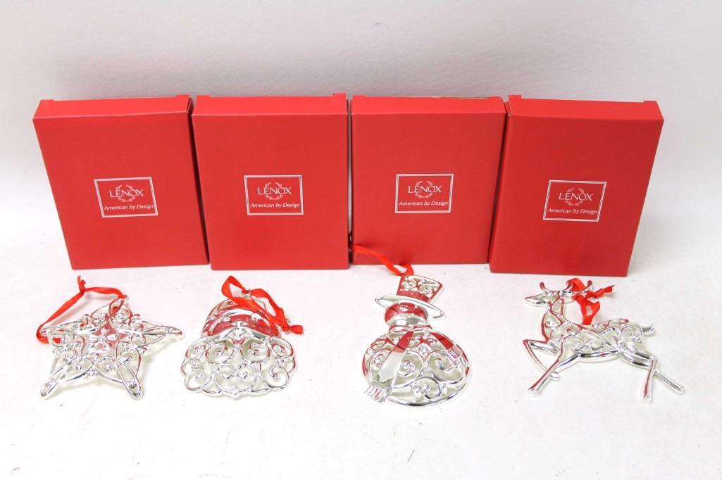 4 Lenox Sparkle and Scroll Christmas Ornaments: 4 Lenox Sparkle and Scroll Christmas Ornaments Silver plate New in Boxes . Includes Star , Santa , Snoman , Reindeer Lot A