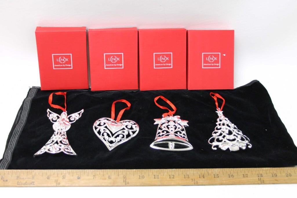 4 Lenox Sparkle and Scroll Christmas Ornaments: 4 Lenox Sparkle and Scroll Christmas Ornaments Silver plate . Includes Angel , Heart , Bell , Christmas Tree . New in Box . Lot B
