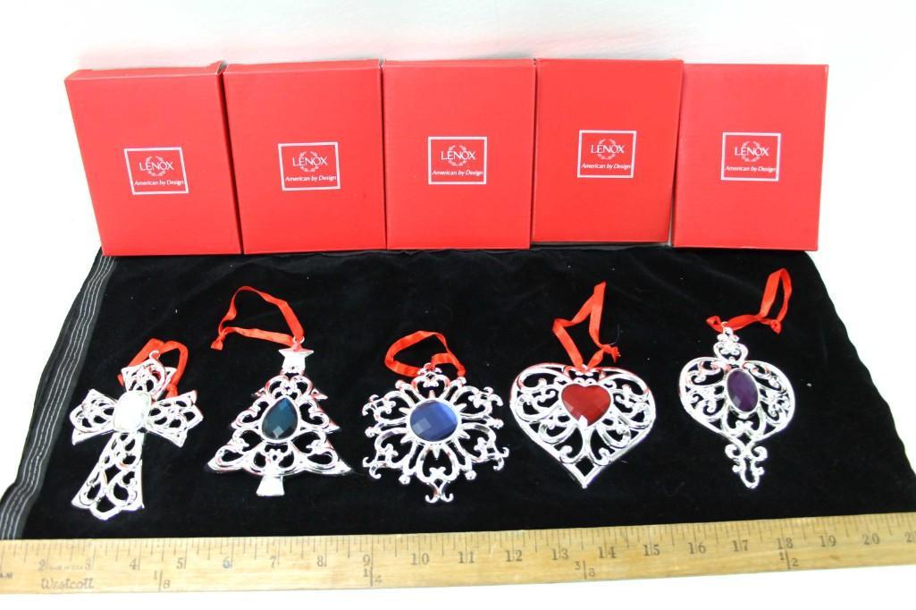 5 Lenox Bejeweled Silverplate Christmas Ornaments New: 5 Lenox Bejeweled Silverplate Christmas Ornaments New in Box Includes Cross , Christmas Tree , Snowflake , Heart , Spire . Lot C