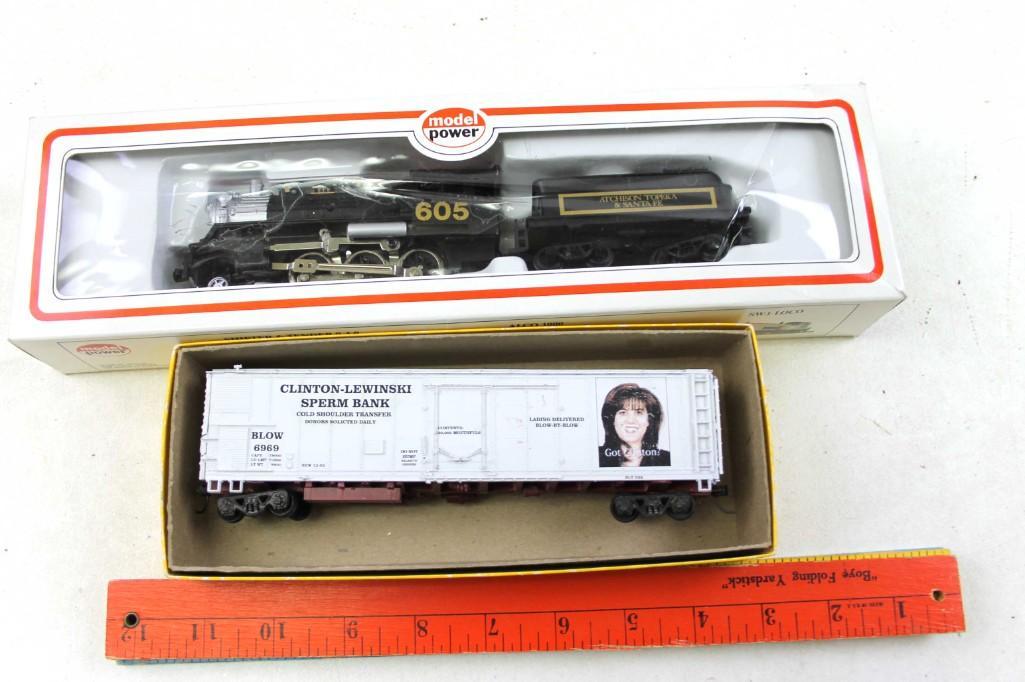 HO Scale Train Lot incl Model Power Locomotive ,: HO Scale Train Lot including Model Power Locomotive and Clinton Lewinski Sperm Bank Box Car