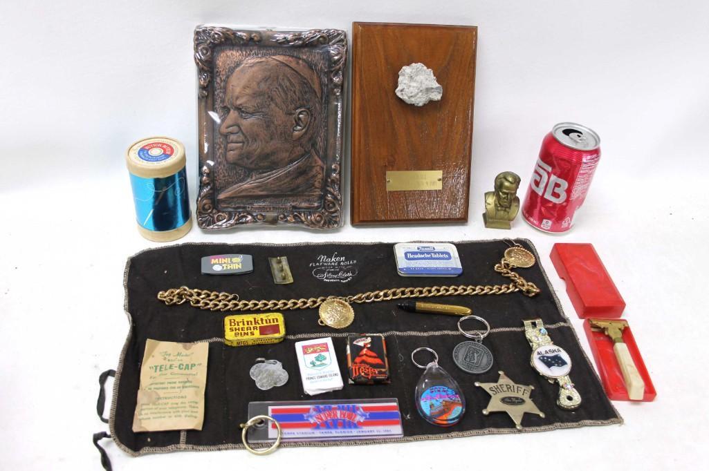 Collectibles Lot incl Vintage Razor , Key Chains ,: Collectibles Lot incl Vintage Razor , Keychains , Piece of the Berlin Wall Mounted on a Plaque , Small Tins , Picture of Pope John Paul II , Brass Abe Lincoln Bust , Etc