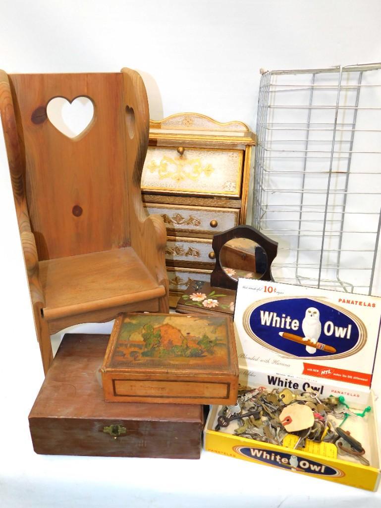 Misc Lot. Old Cigar Box, Vintage Keys, Jewelry Boxes,: Misc Lot. Old Cigar Box, Vintage Keys, Jewelry Boxes, etc.