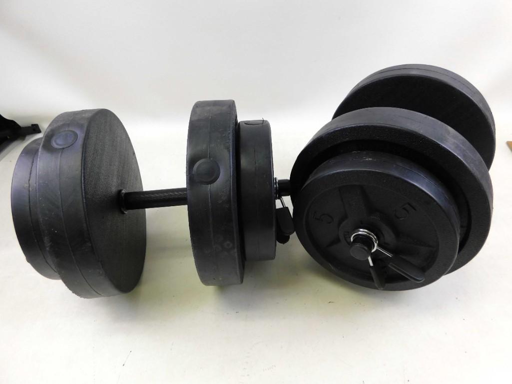 Set of 2 Barbells / Dumbbells: Set of 2 Barbells / Dumbbells Each one has: the bar, clamps, two 5 pound weights and two 10 lb weights. So each one weights a bit over 30 lbs. This will be really expensive to ship, due to the w