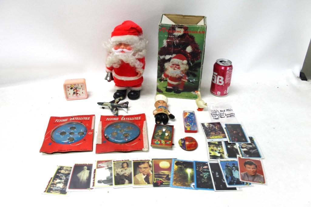 Vintage Smalls incl 1970s and 80s Star Trek ,: Vintage Smalls incl 1970s and 80s Star Trek , Battlestar Galactica , Cards , Vintage Toys , Santa Claus , Minnie Mouse Clock , Etc