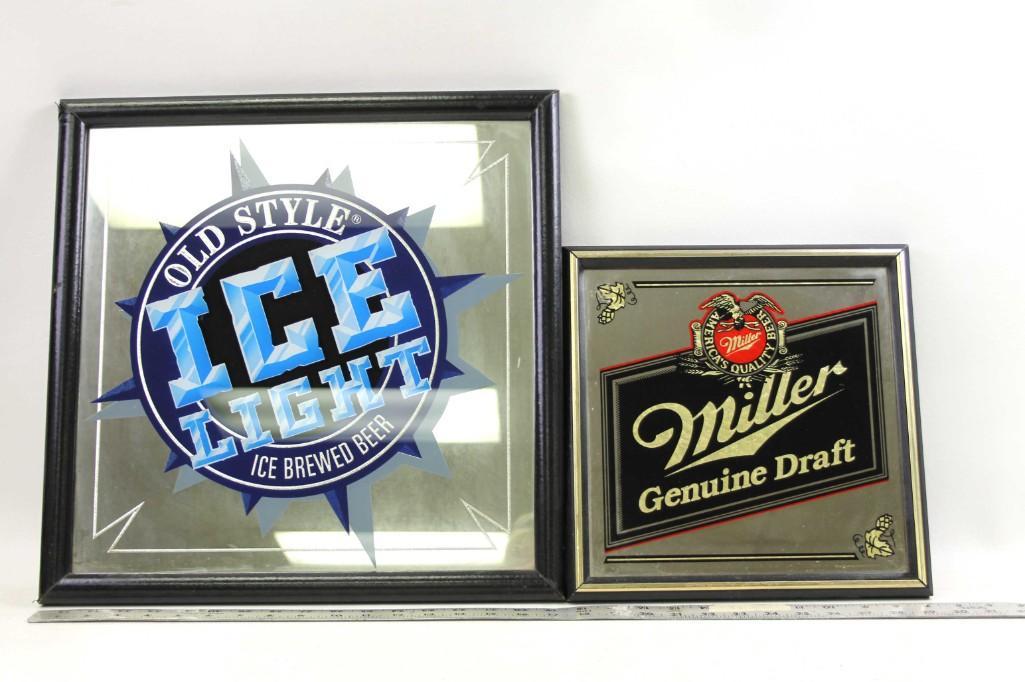 2 Beer Mirrors incl Old Style Ice Light and Miller: Lot of 2 Framed Beer Advertising Mirrors including Old Style Ice Light and Miller Genuine Draft