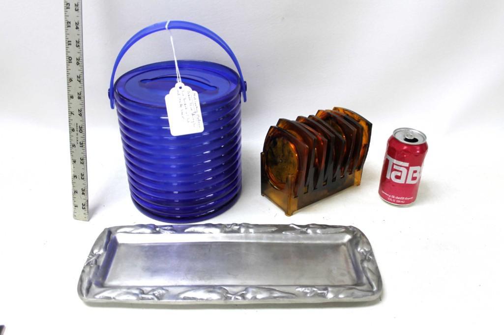 MCM Blue Acrylic Ice Bucket , Vintage Coasters , Metal: Vintage Mid Century Modern Sally Designs Blue Acrylic Ice Bucket , Vintage Coasters , Metal Serving Tray