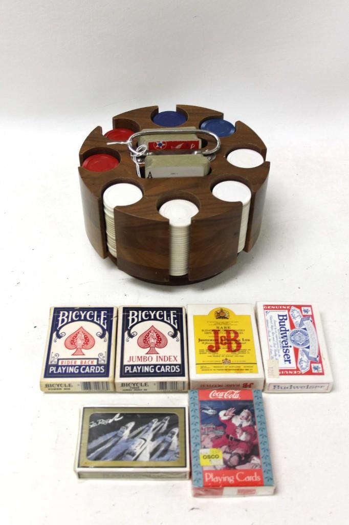Poker Set in a Wood Carousel and Playing Cards: Poker Chips in a Wooden Carousel and Playing Cards incl Coca Cola , Budweiser , Bicycle , etc