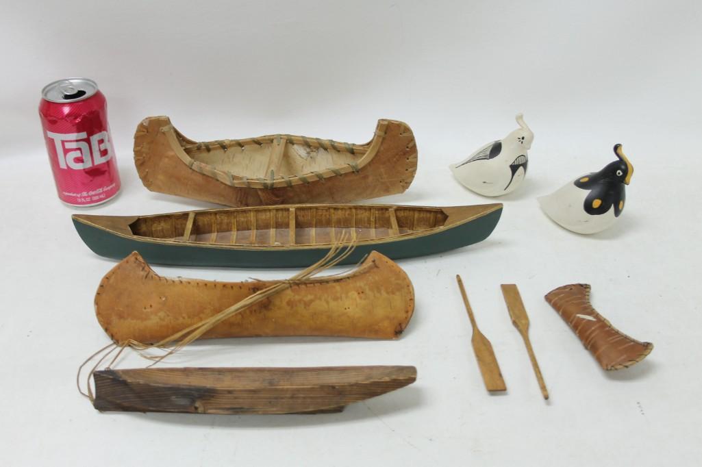 Vintage Birch Bank Canoes and Pair of Acoma Pottery: Vintage Birch Bank Canoes and Pair of Acoma Pottery Quails Signed by S. Chino Quails are Authentic Native American Art made in the Acoma Pueblo