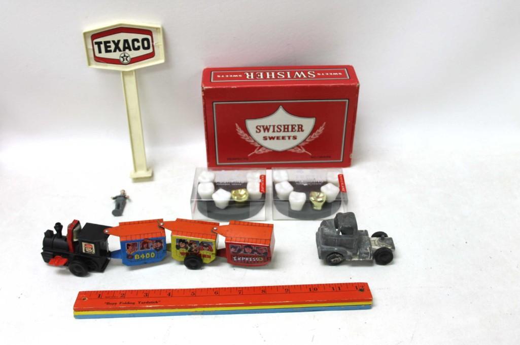 Misc Lot incl Toy Texaco Sign , Toy Train, Tootsietoy: Misc Lot incl Toy Texaco Sign , Toy Train, Tootsietoy Truck , Tooth Pushpins , Cigar Box Condition: Please see pictures. Tootsietoy truck is in rough condition