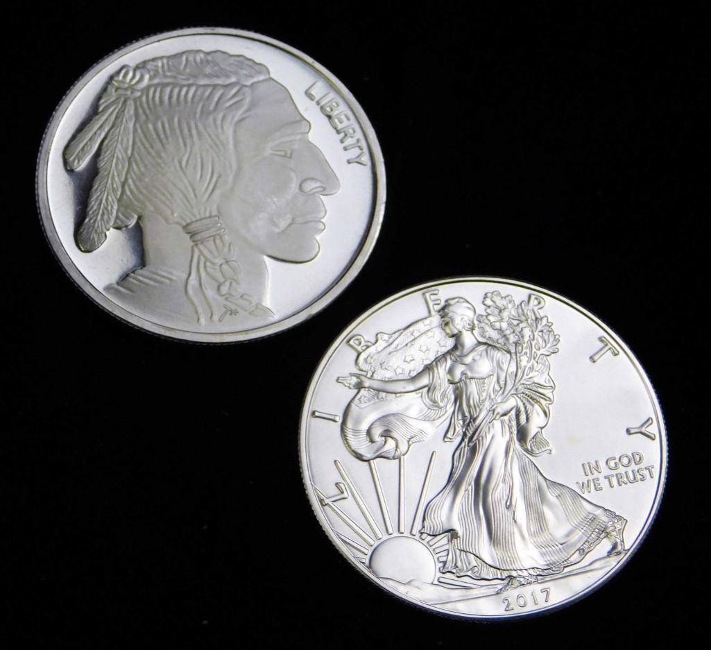 Silver Round Lot incl 2017 BU American Silver Eagle and: Silver Round Lot incl 2017 BU American Silver Eagle and BU Indian Head Buffalo Round . Each is 1 ounce of fine silver for a total of 2 ounces