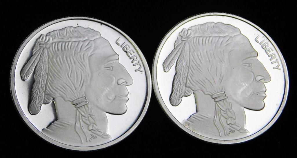2 BU Indian Head Buffalo Silver Rounds: 2 Brilliant Uncirculated Indian Head Buffalo Silver Rounds . Each one is 1 ounce of fine silver for a total of 2 ounces