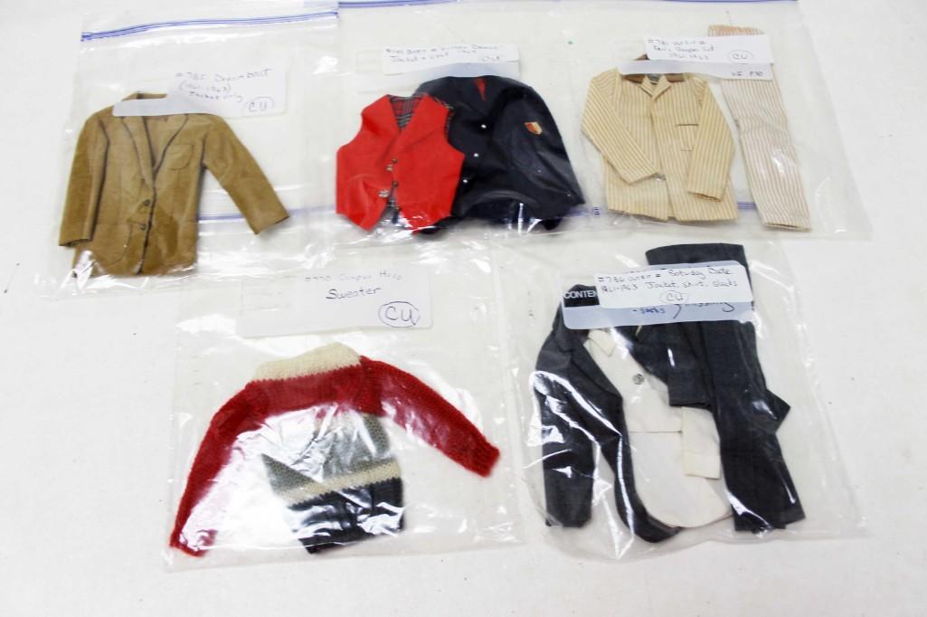 5 Vintage Ken Doll Clothes Outfits: 5 Vintage Ken Doll Clothes Outfits including #785 Dreamboat Jacket Only (1961-1963), #1411 Victory Dance Jacket and Vest 1964, #781 Outfit Ken's Sleeper Set (1961-1963), #770 Campus Hero Sweater, #786