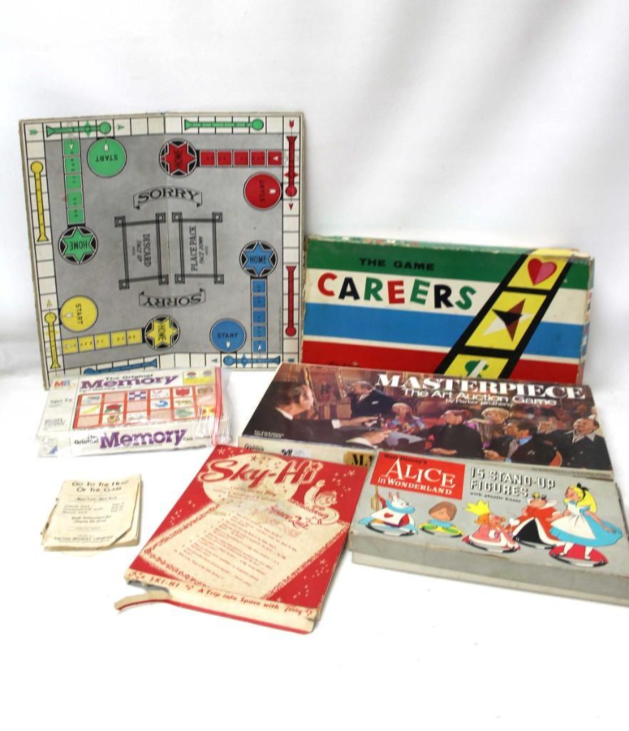Lot of Vintage Board Games and Toys Careers Game ,: Lot of Vintage Board Games and Toys Careers Game , Alice in Wonderland Stand Up Figures , Masterpiece the Art Auction Game , Sorry , Memory , etc Condition: Sorry is just the board, others are n