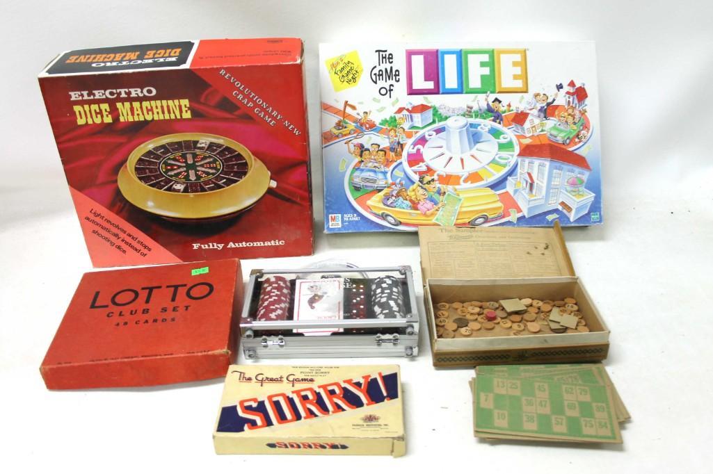 Lot of Board Games incl Electro Dice Machine , Sorry ,: Lot of Board Games incl Electro Dice Machine , Sorry , Famous House Poker Set , Etc Condition: Unchecked for completeness