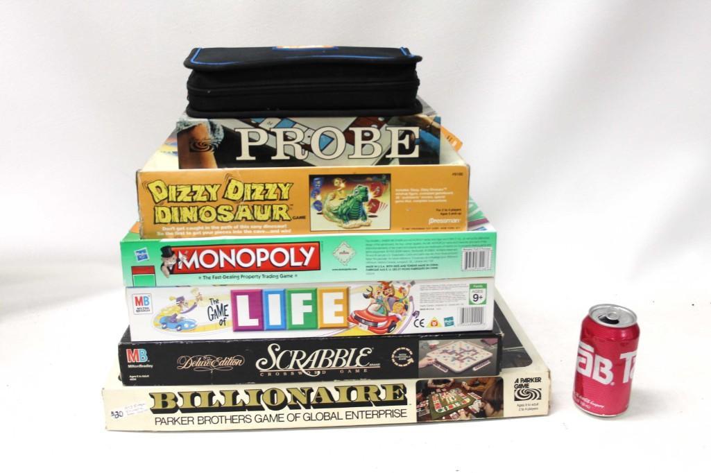 Lot of Board Games incl Dizzy Dizzy Dinosaur , Probe ,: Lot of Board Games incl Dizzy Dizzy Dinosaur , Probe , Boggle , Billionaire , Life , Monopoly , Deluxe Edition Scrabble Condition: not checked for completeness