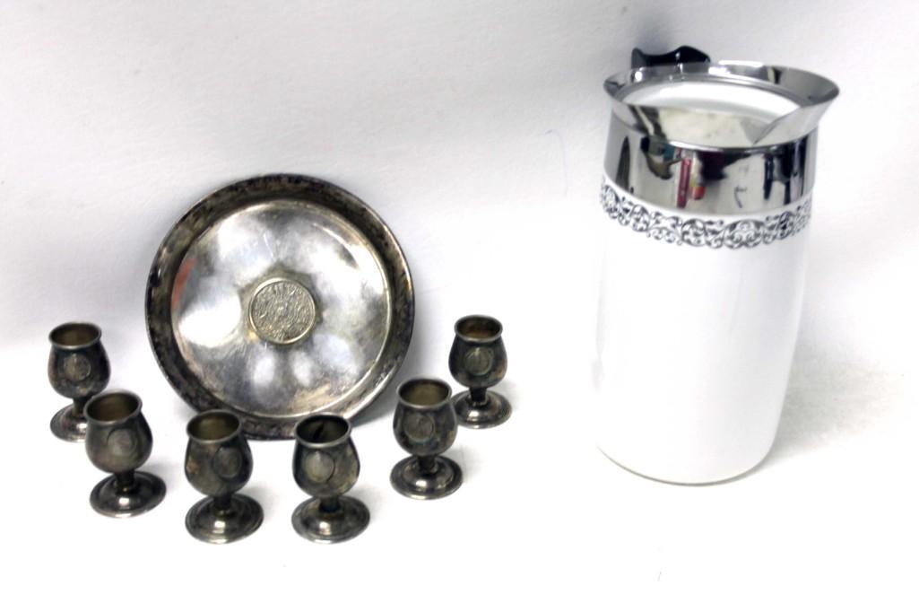 Vintage Silver Plate Liqueur Set and a Corning Ware: Vintage Silver Plate Liqueur Set and a Corning Ware Coffee Pot