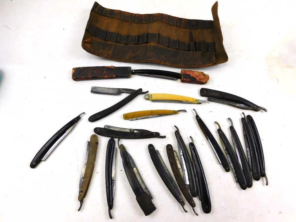 Lot of 19 Antique Shaving Razors and a leather holder: Lot of 19 Antique Shaving Razors and a leather holder with scissors