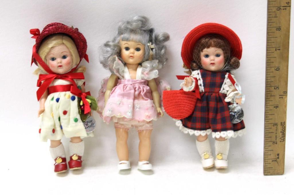1 Vintage 1950s PMA Virga Lollipop Doll & 2: 1 Vintage 1950s PMA Virga Lollipop 8" Hard Plastic Doll with Lavender Hair & 2 Reproduction Vogue Ginny 8" Hard Plastic Dolls