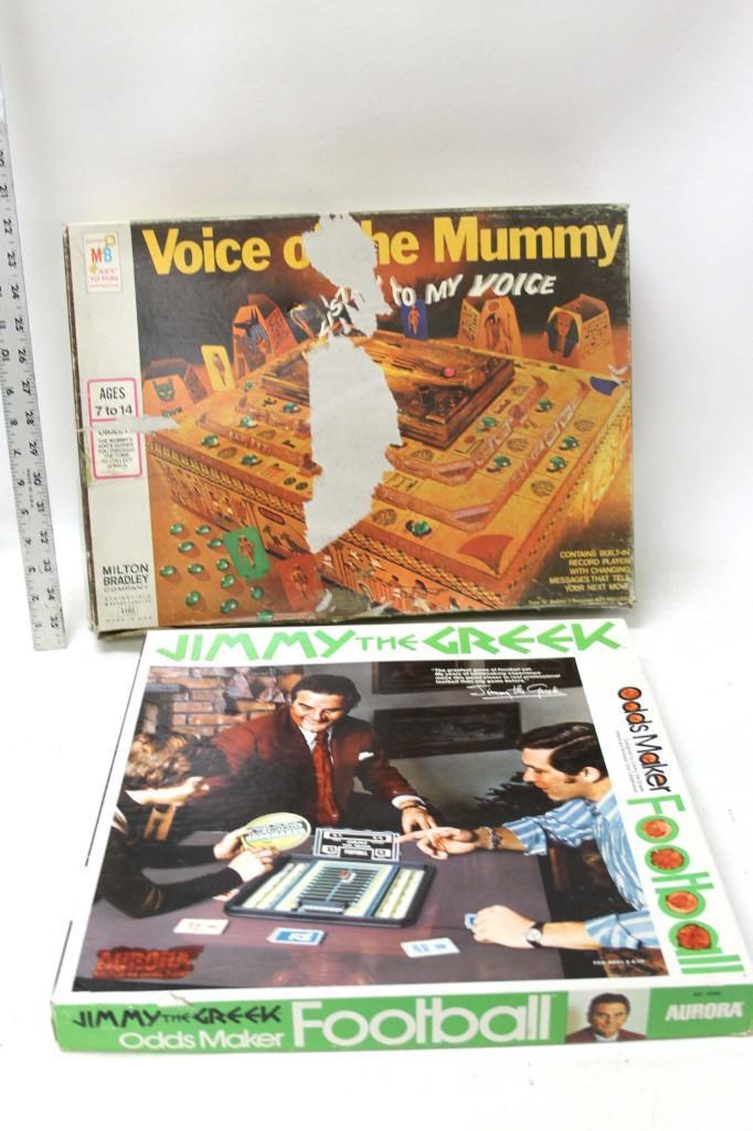 Vintage Board Game Lot incl Voice of the Mummy and: Vintage Board Game Lot incl Voice of the Mummy and Jimmy the Greek Football Condition: Both boxes have damage incl tears, water, and markings. Games are unchecked for completeness