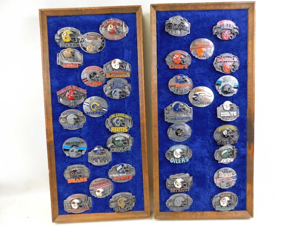 Lot of 37 Limited Edition NFL Belt Buckles Mounted on: Lot of 37 Limited Edition NFL Belt Buckles Mounted on Nice Frames Each of these belt buckles is nicely mounted and may be removed easily. Frames are both very nice and heavy - each is roughly 10