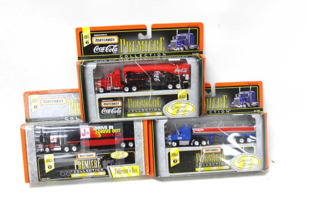 3 Matchbox Collection Rigs of the American Highway: Lot of 3 Matchbox Collection Rigs of the American Highway Trucks New in Box including Coca Cola , Exxon , Jiffy Lube Semi Trucks