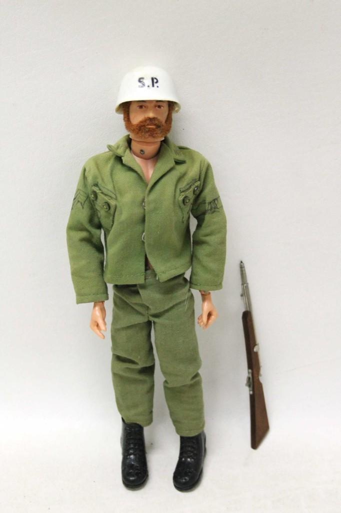 Vintage 1960s Hasbro GI Joe w Red Flocked Hair and: Vintage 1960s Hasbro GI Joe w Red Flocked Hair and Beard . He is missing some of his flocking hair . Gun is a vintage Japan pen Condition: He is missing some of his flocking hair.&nb
