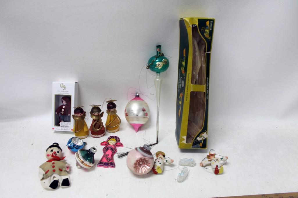 Lot of Christmas Ornaments incl Vtg Mercury Glass Tree: Lot of Christmas Ornaments incl Vtg Mercury Glass Tree Topper , Shiny Brite UFO Ornament , Mercury Glass Indent Ornaments , Etc