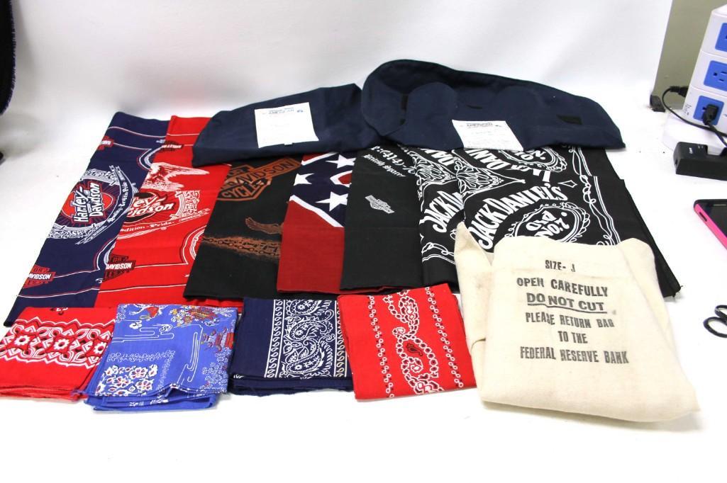 Lot of Bandanas, Bank Bag, etc.: Lot of Bandanas, Bank Bag, etc. Includes Harley Davidson, Jack Daniels, a Federal Reserve Bank Bag Size J. Also included is a body armor vest without the armor portion. Just the vest part 