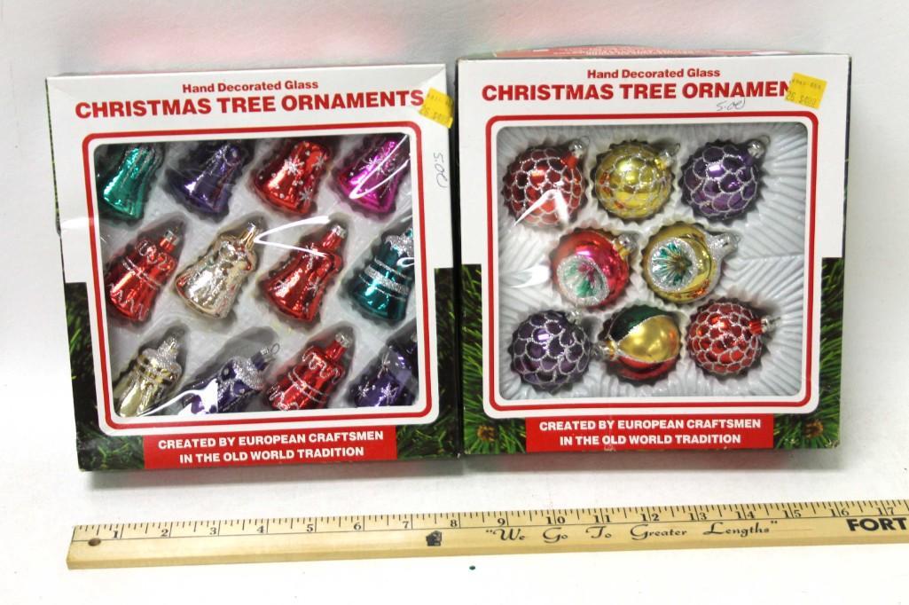 Hand Decorated Glass Christmas Ornaments incl Indents ,: Hand Decorated Glass Christmas Ornaments incl Indents , Bells , Etc in Original Boxes . 