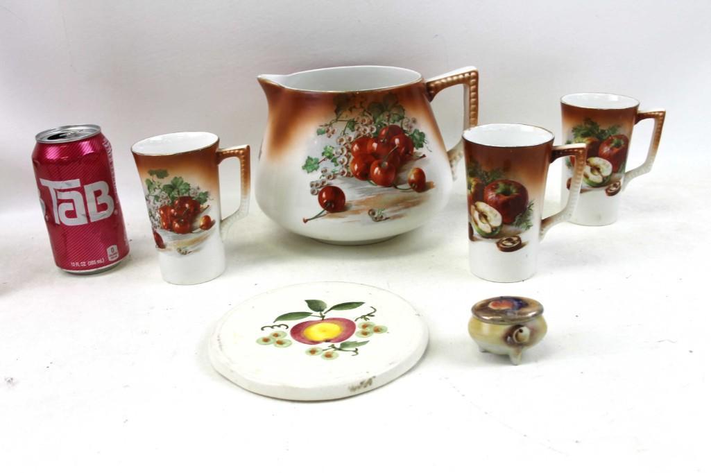 Owen Minerva Gold Medal St Louis Pitcher and Mugs Plus: Owen Minerva Gold Medal St Louis Pitcher and 3 Mugs in Apple and Cherry Designs Plus a Fruit Trivet and Trinket Box