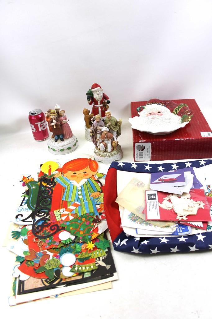 Christmas Lot incl Fitz and Floyd Santa Plate ,: Christmas Lot incl Fitz and Floyd Jolly Ole St Nick Santa Canape Plate New in Box, Ephemera , 3 Music Boxes Condition: on the 3 Kings music box, the purple king's head is damaged. please s