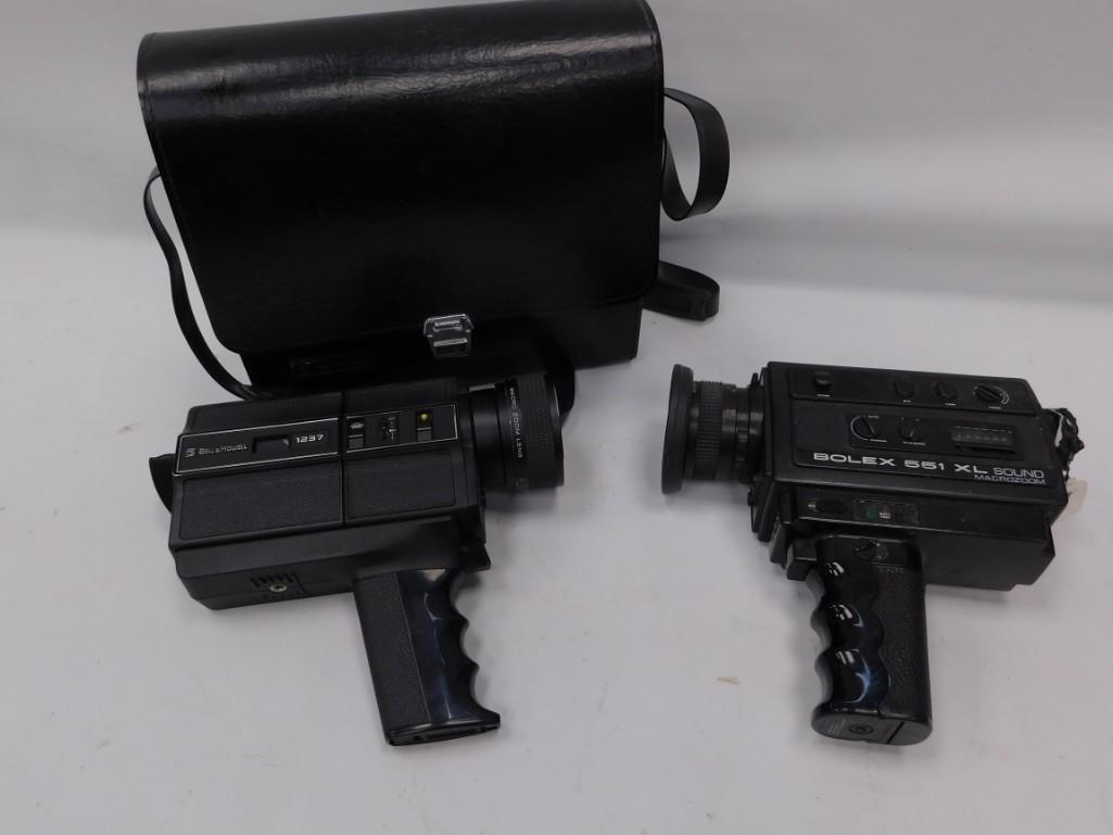 Bell & Howell and Bolex Super 8 Video Cameras: Bell & Howell 1237 and Bolex 551 XL Sound Super 8 Video Cameras Bolex camera's eye piece is corroded.