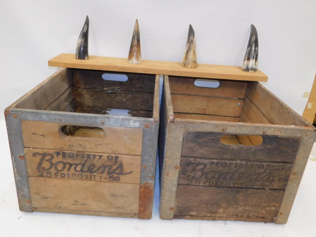 Lot of 2 vintage milk crates and a bull horn coat rack: Lot of 2 vintage Borden's Milk Crates and a bull horn coat rack See pictures for damage on the crates Bull horn coat rack is roughly 30" long