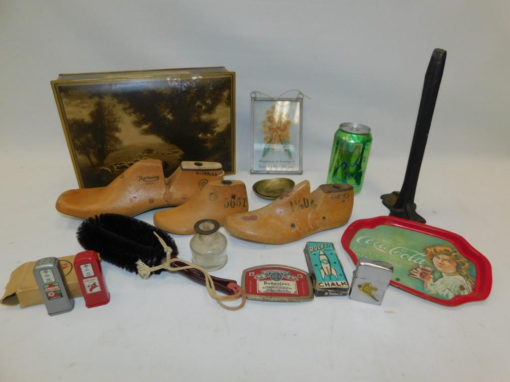 Misc. Lot Shoe Lasts, Budweiser Belt Buckle, Rocket: Misc. Lot Shoe Lasts, Budweiser Belt Buckle, Rocket Chalk, Coca Cola Tray, Texaco Salt and Pepper Shakers, Zippo Lighter, etc.