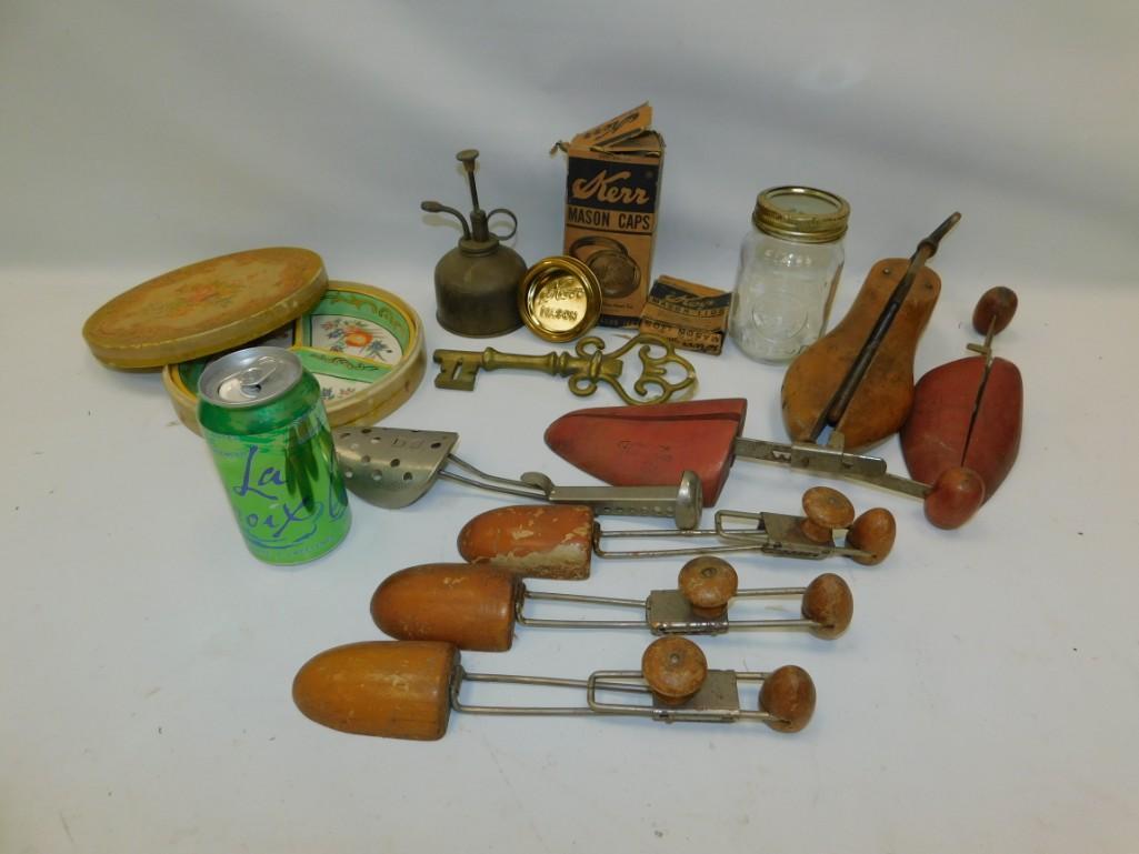 Lot of Vintage Shoe Stretchers , Atomizer, Mason: Lot of Vintage Shoe Stretchers , Atomizer, Mason Jar/Caps, etc. Display Skelton Key