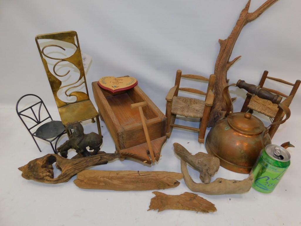 Misc Lot Wooden and metal home decor, etc.: Misc Lot Wooden and metal home decor, etc. Metal and Wood Chairs, Copper Pot, Wagon, Horse with rider figurine etc.